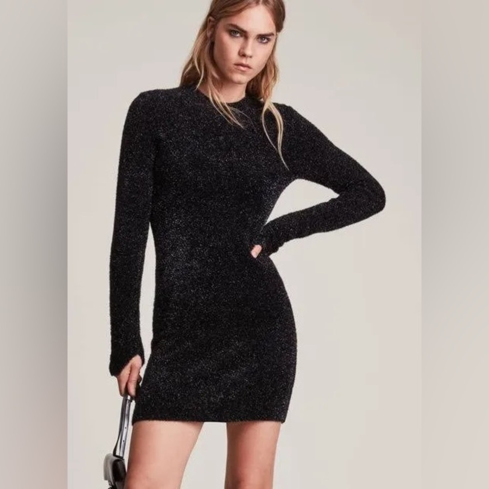NWT ALL SAINTS Lurex Torque Long Sleeve Mini Dress Black Shimmer
